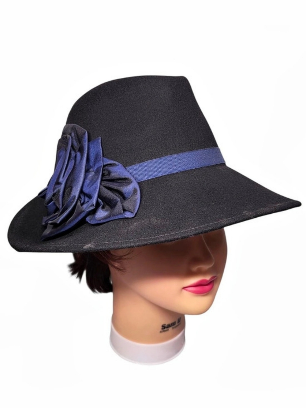 Vtg Halogen Black Wool Felt Fedora Cloche Hat Blue Satin Rose Italy Made Womens